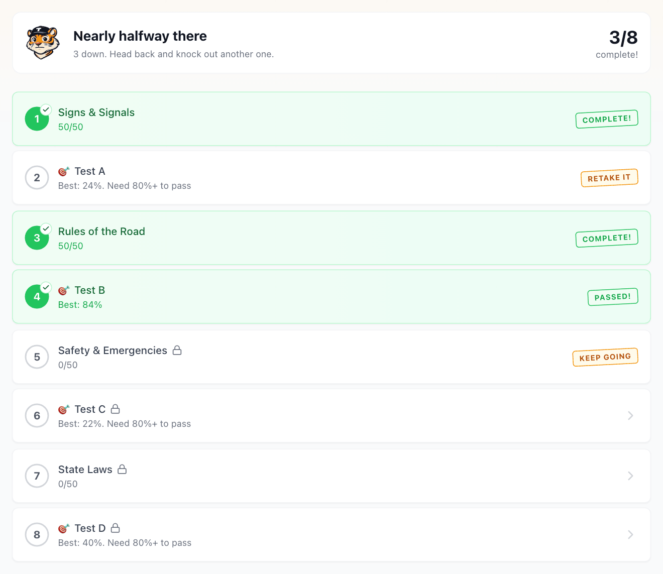 TigerTest DMV dashboard with training sets and practice tests