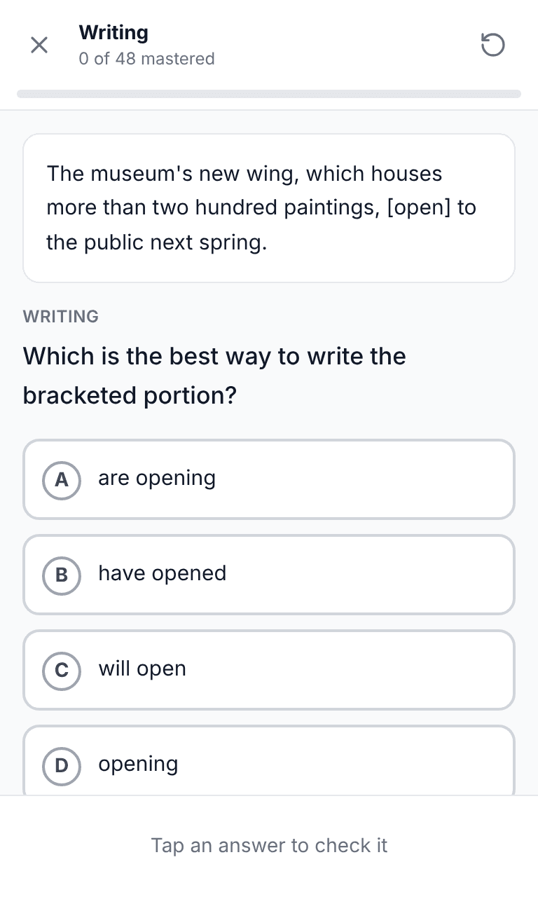 TigerTest ACCUPLACER practice test training mode on mobile