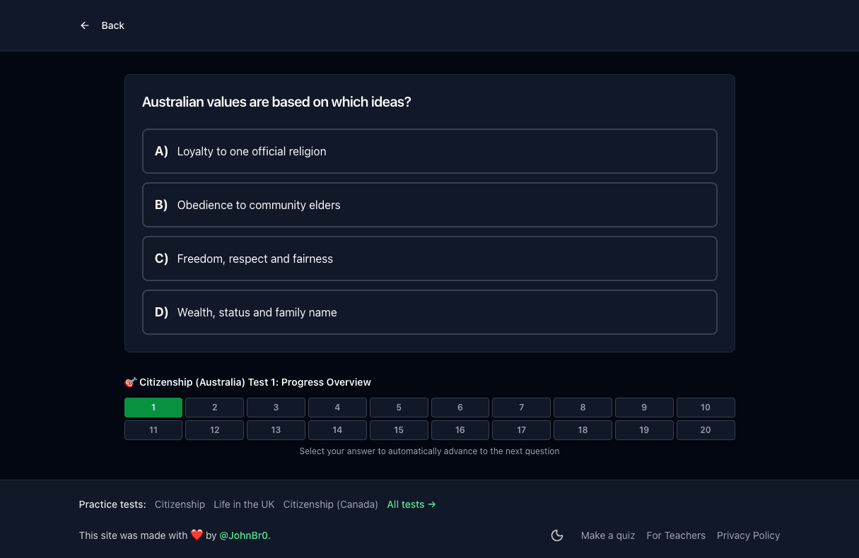 Tigertest Citizenship practice test on desktop