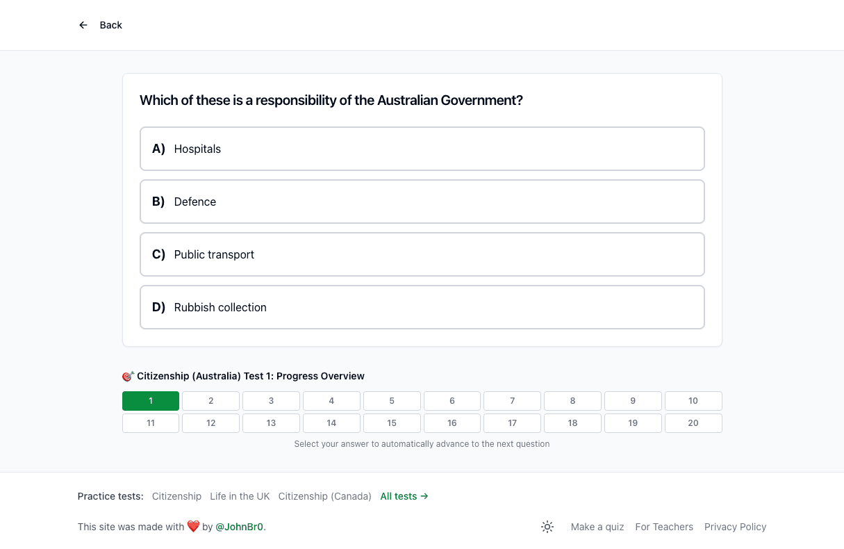 Tigertest Citizenship practice test on desktop