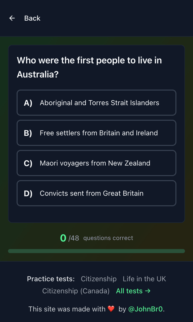 Tigertest Citizenship practice test training mode on mobile