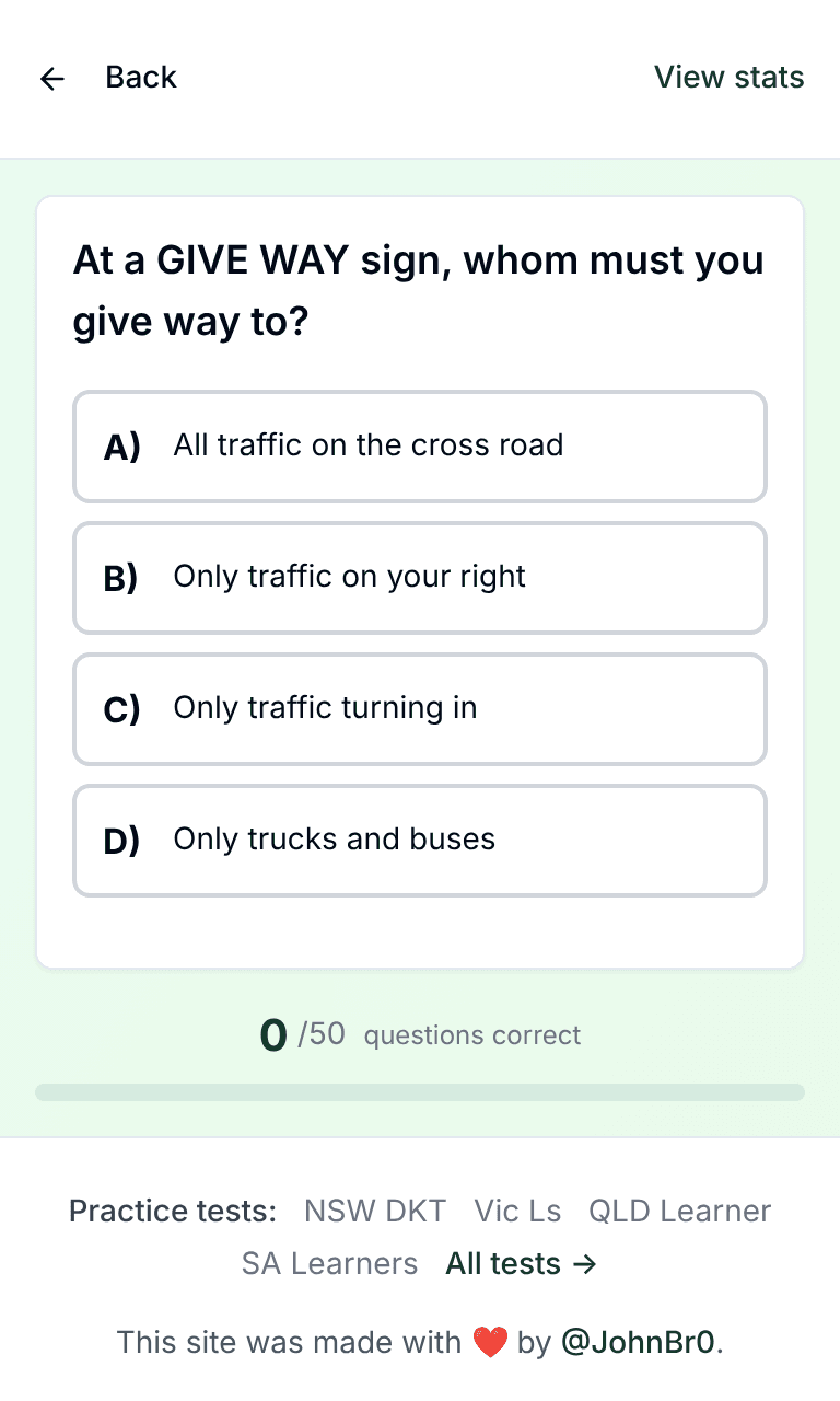 Tigertest WA Learners practice test training mode on mobile
