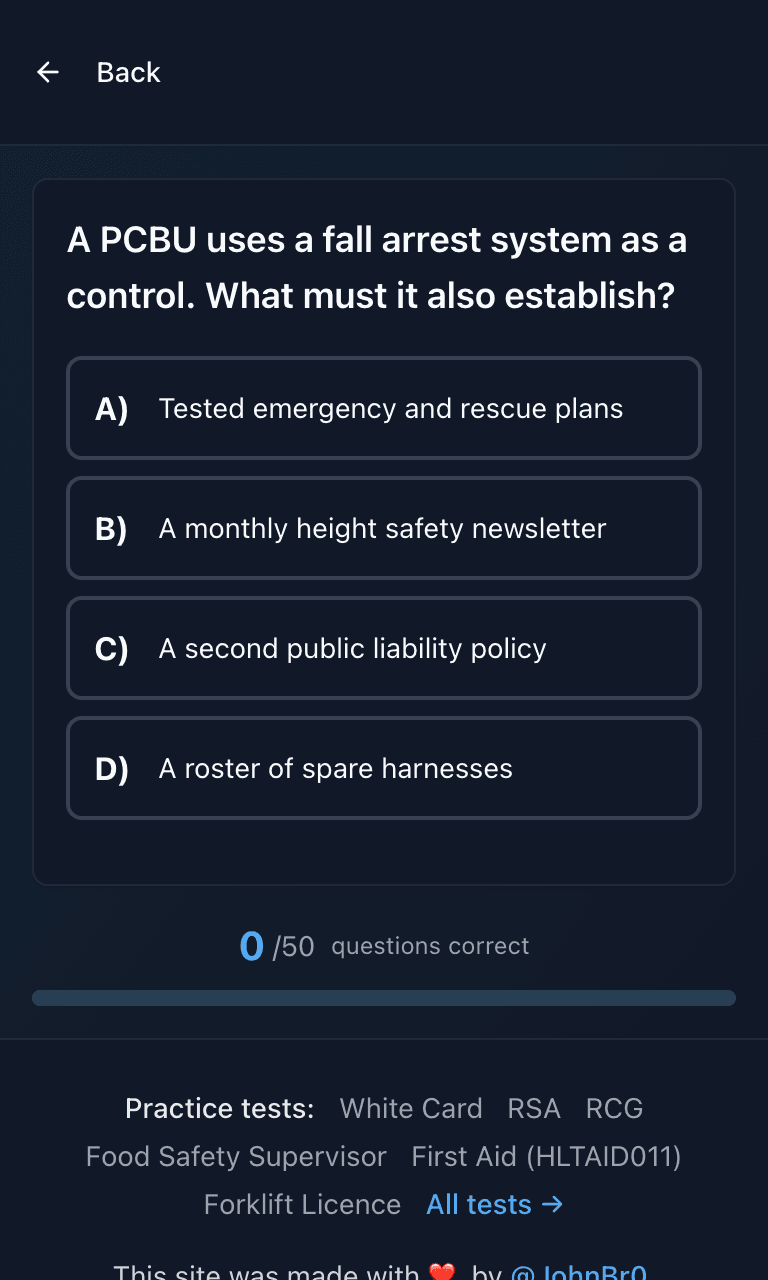 Tigertest Working at Heights practice test training mode on mobile