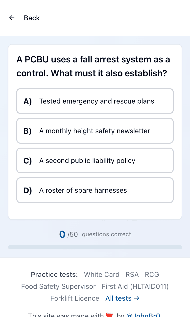 Tigertest Working at Heights practice test training mode on mobile