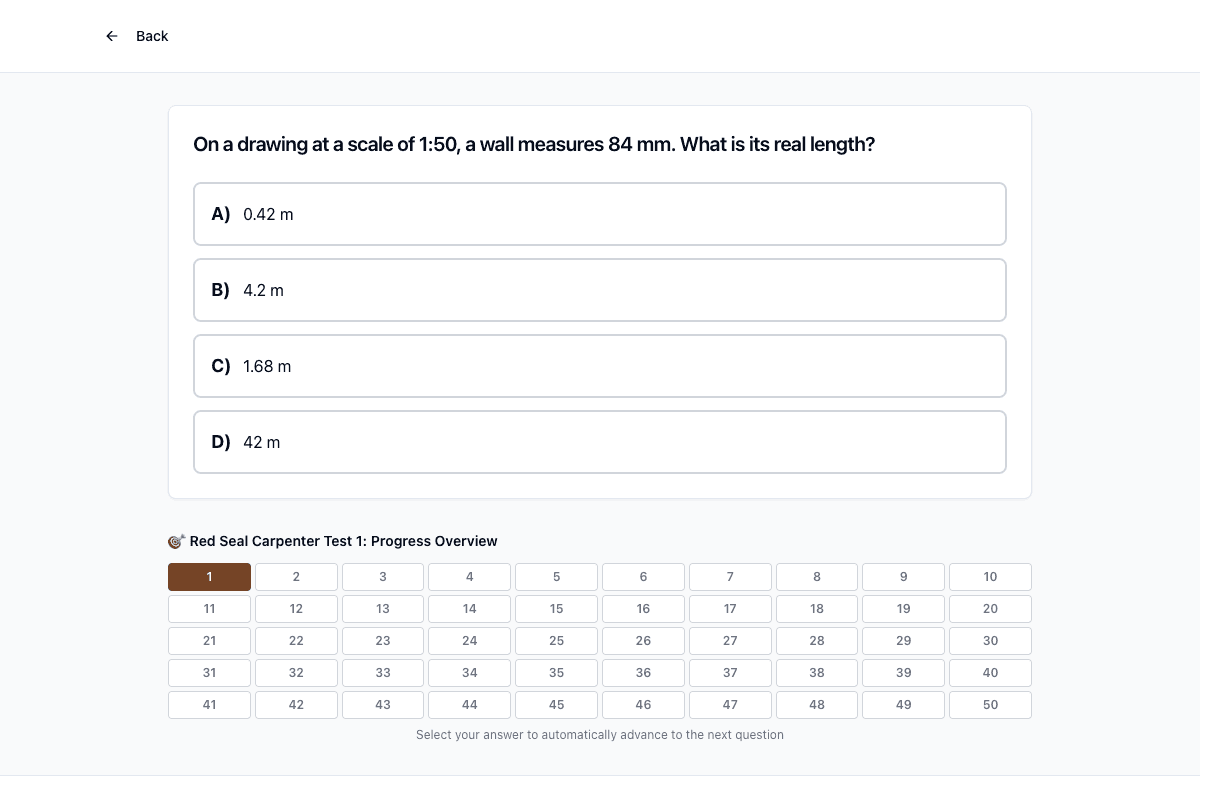 Tigertest Red Seal Carpenter practice test on desktop