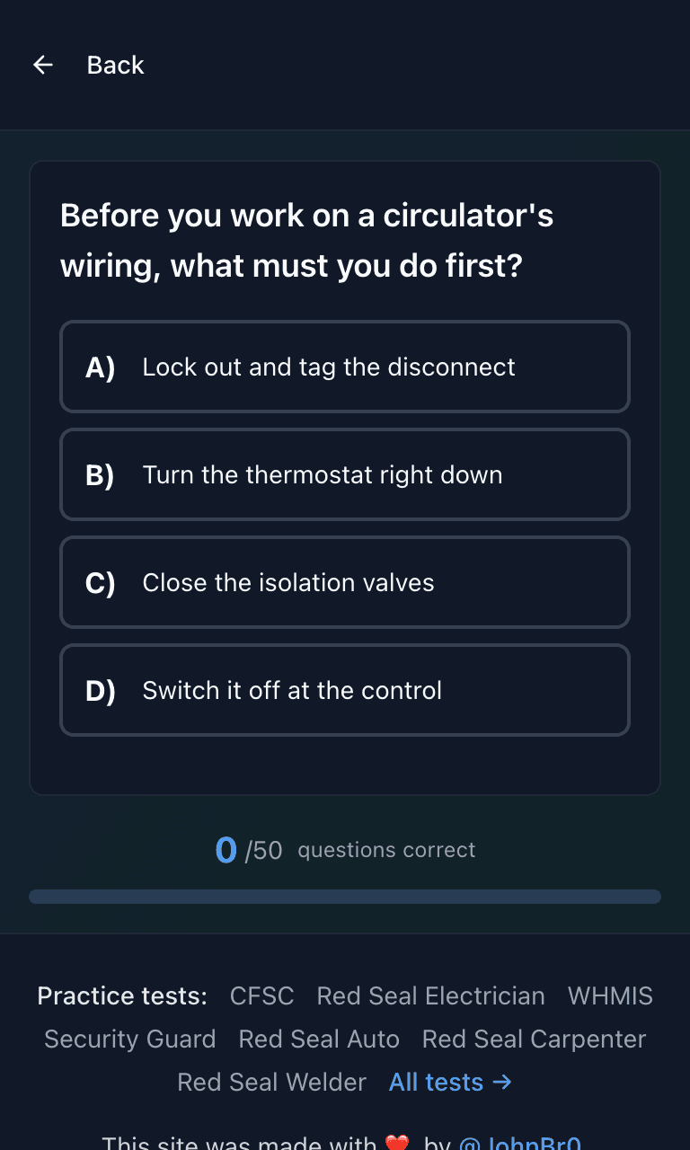 Tigertest Red Seal Plumber practice test training mode on mobile