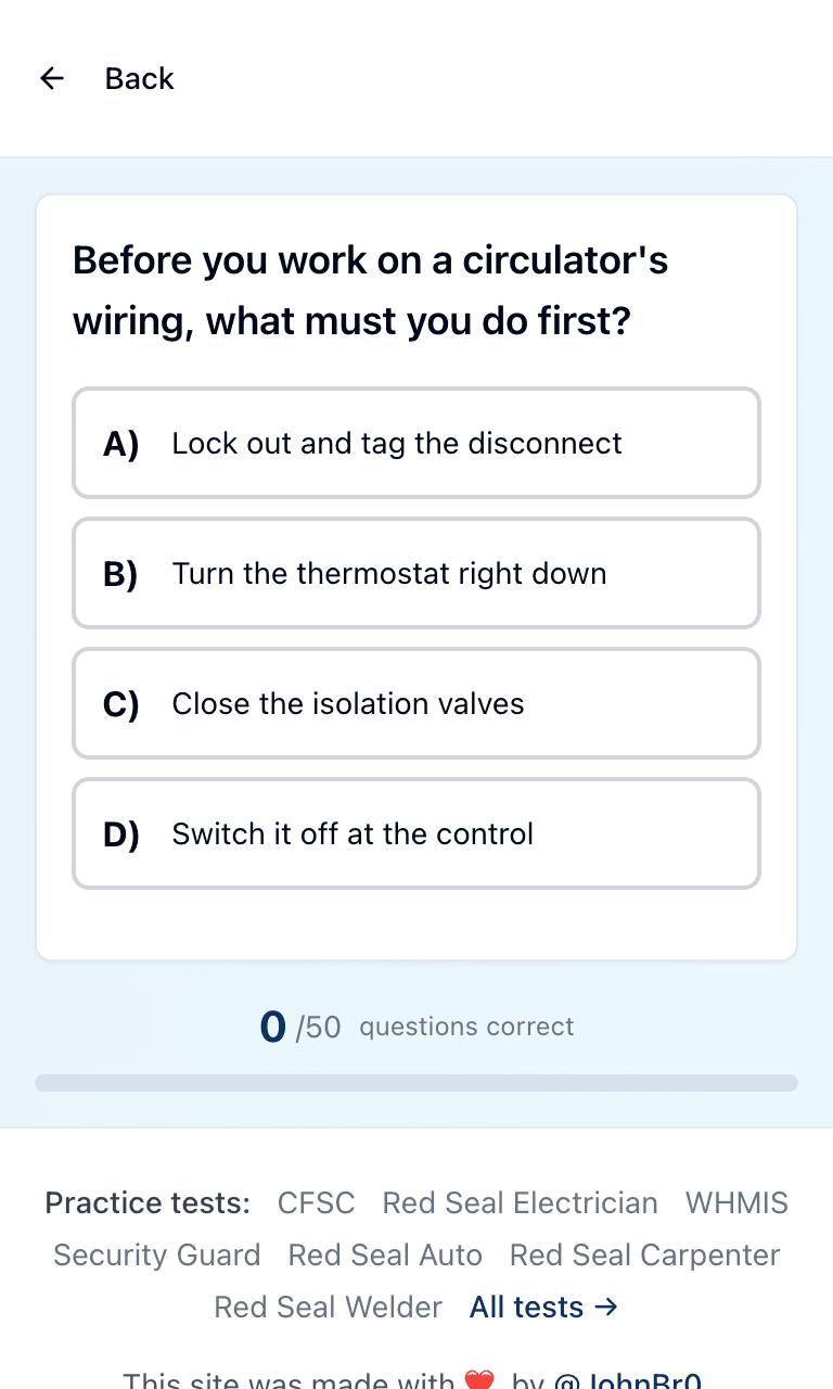 Tigertest Red Seal Plumber practice test training mode on mobile