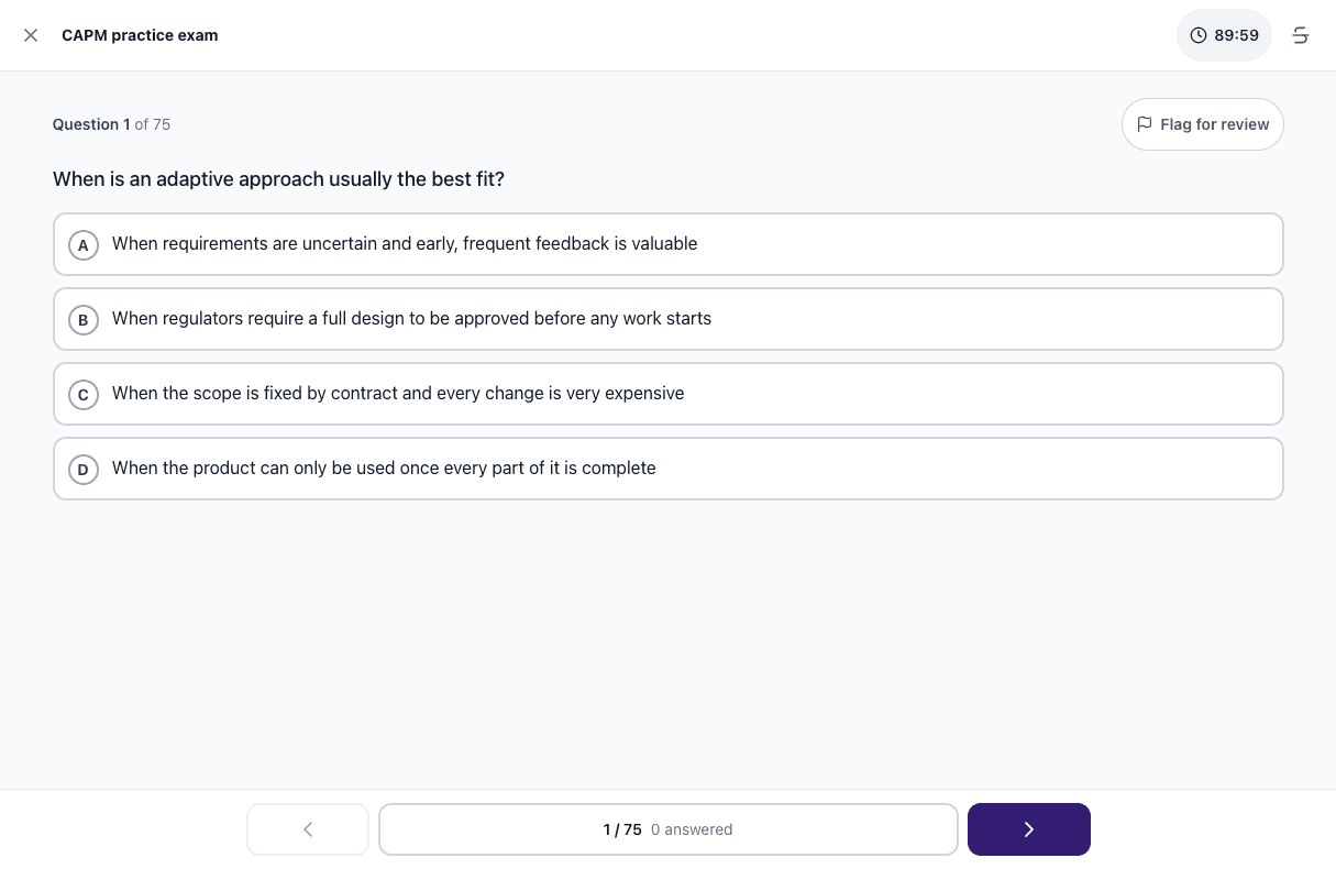 Tigertest CAPM practice test on desktop