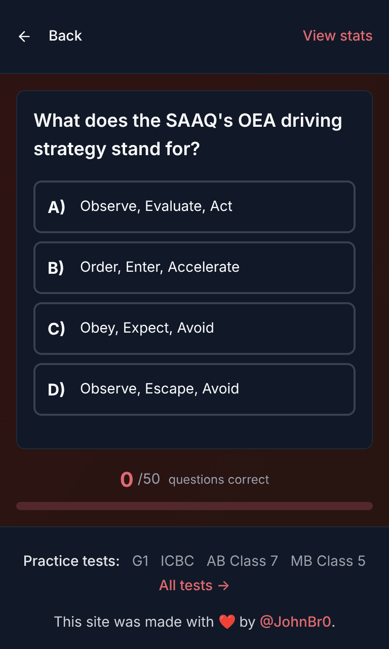 Tigertest SAAQ practice test training mode on mobile