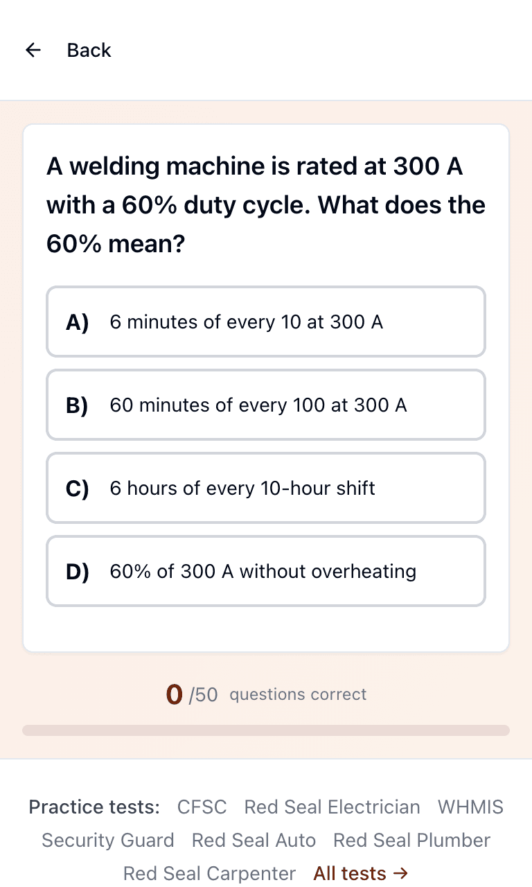 Tigertest Red Seal Welder practice test training mode on mobile