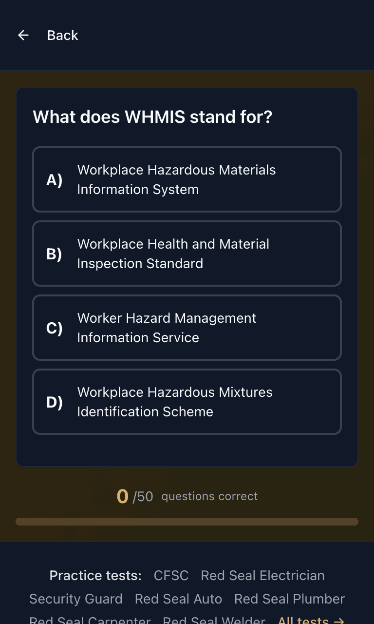 Tigertest WHMIS practice test training mode on mobile