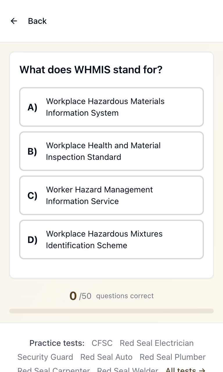 Tigertest WHMIS practice test training mode on mobile