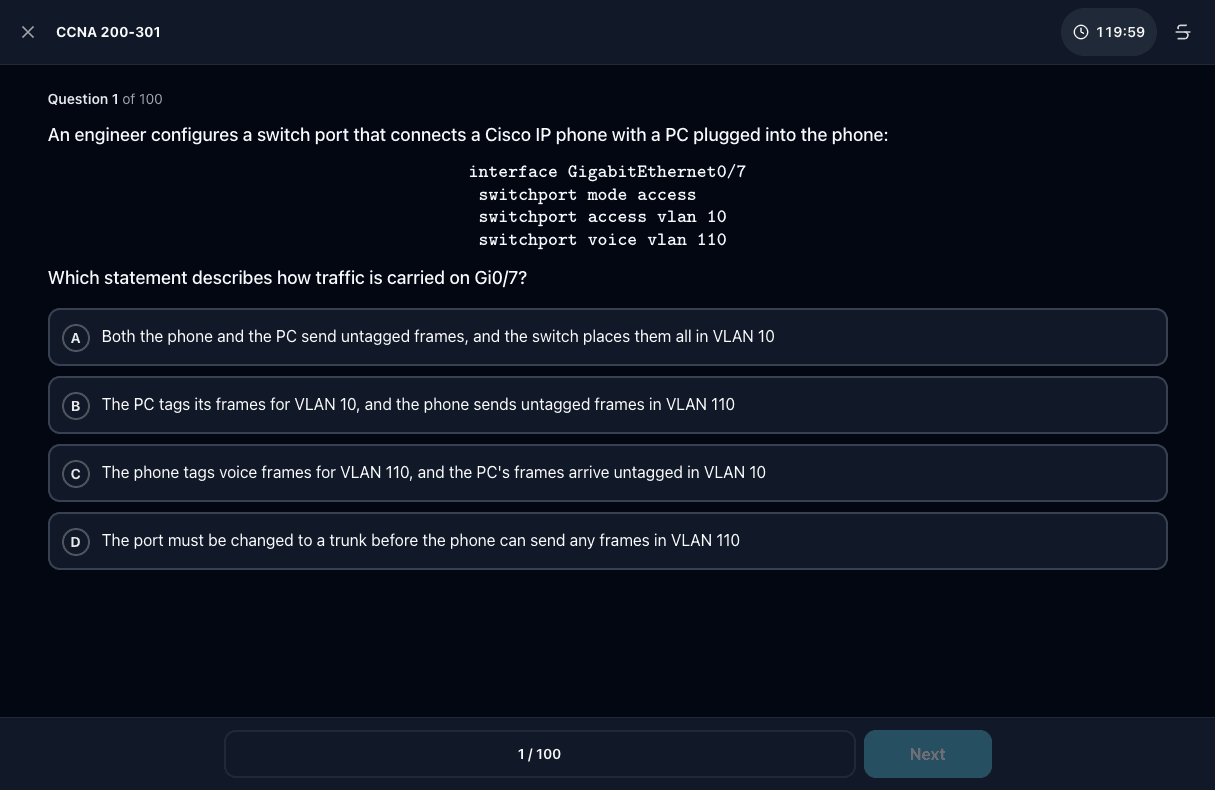 Tigertest CCNA practice test on desktop