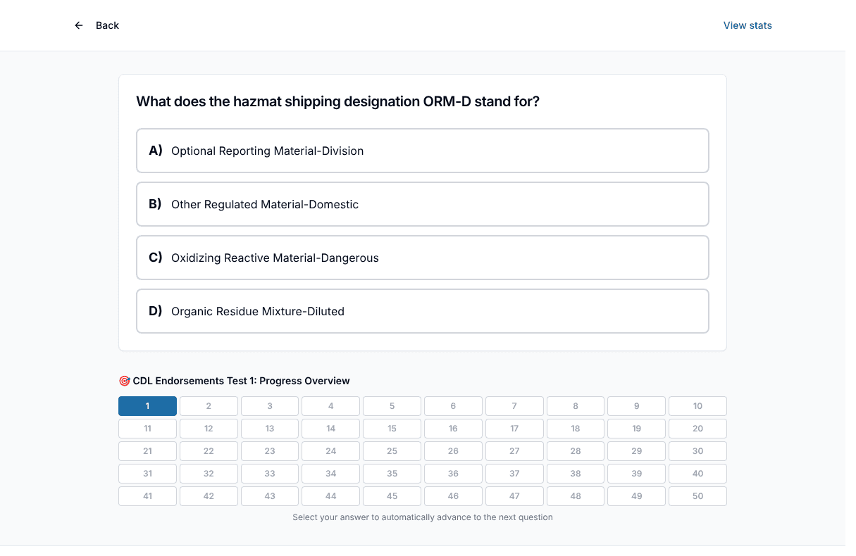 TigerTest CDL endorsement practice test on desktop