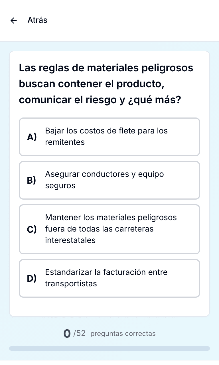 Práctica por tema del examen CDL Endorsements de TigerTest en el celular