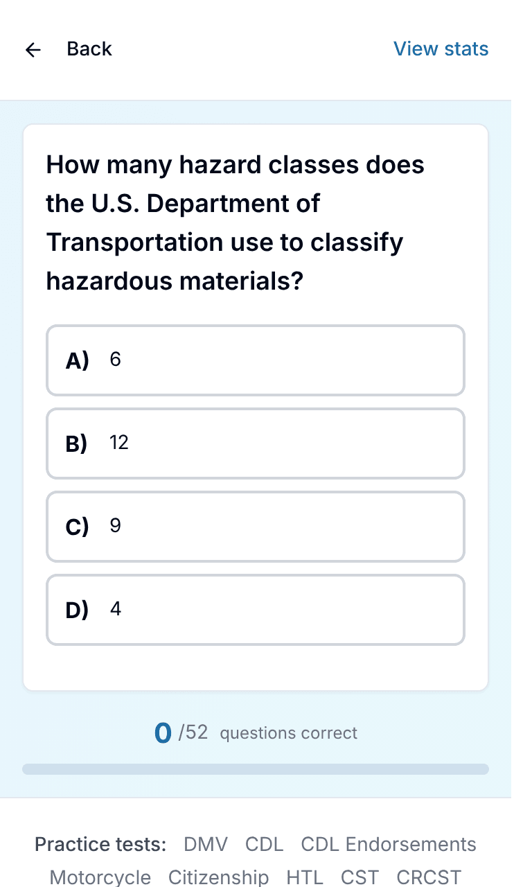 TigerTest CDL endorsement practice test training mode on mobile
