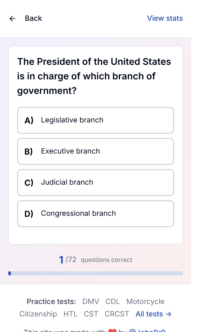 TigerTest citizenship practice test training mode on mobile