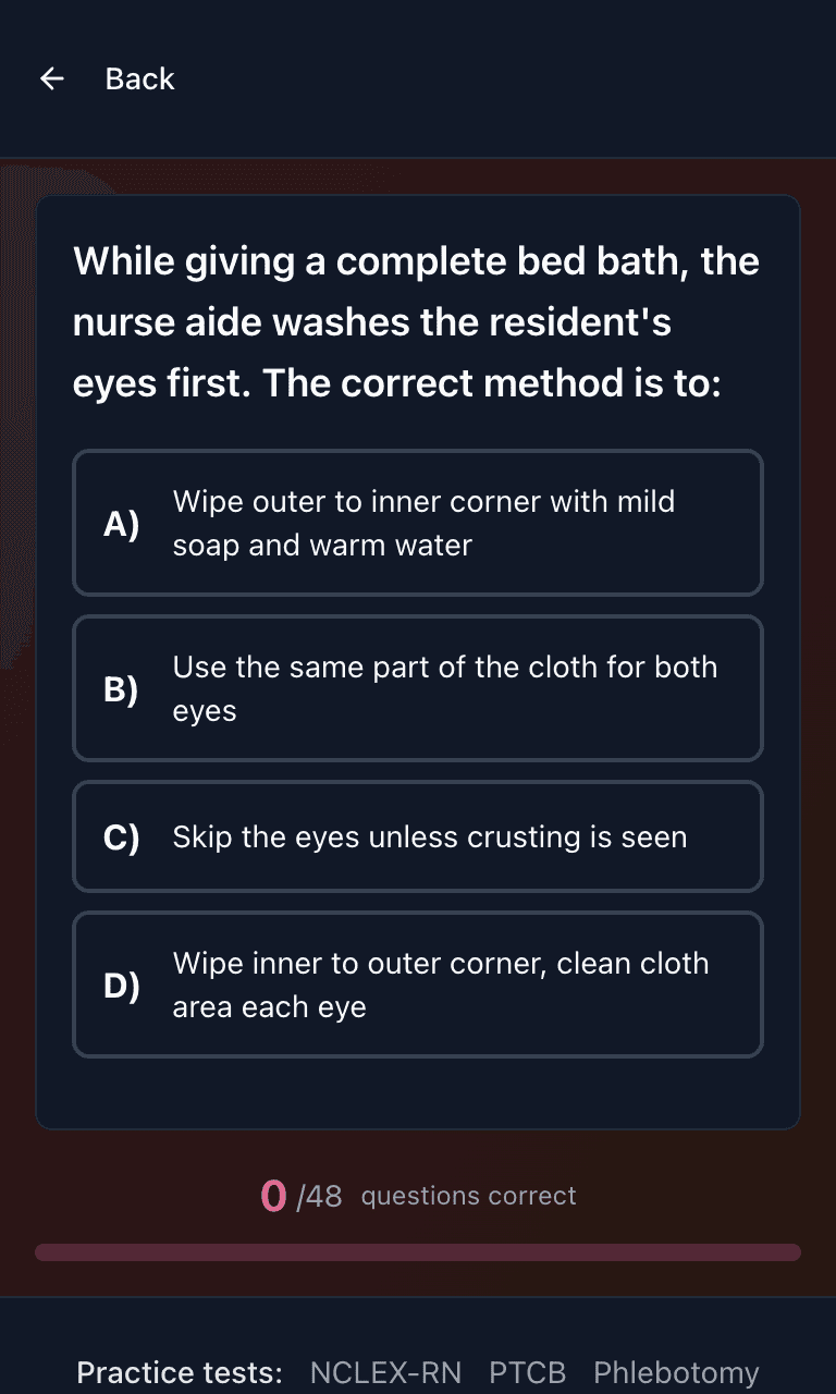CNA practice question on a phone