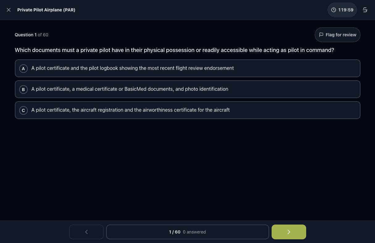 Tigertest Private Pilot practice test on desktop