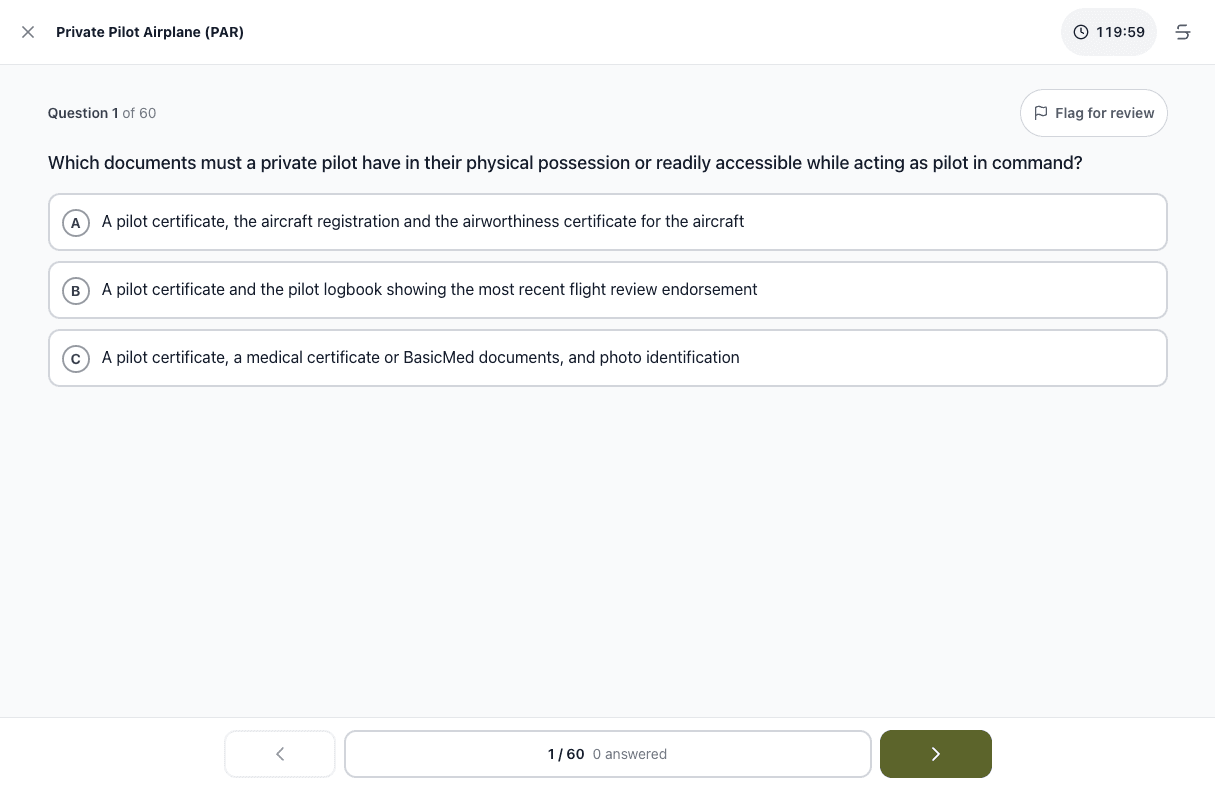 Tigertest Private Pilot practice test on desktop