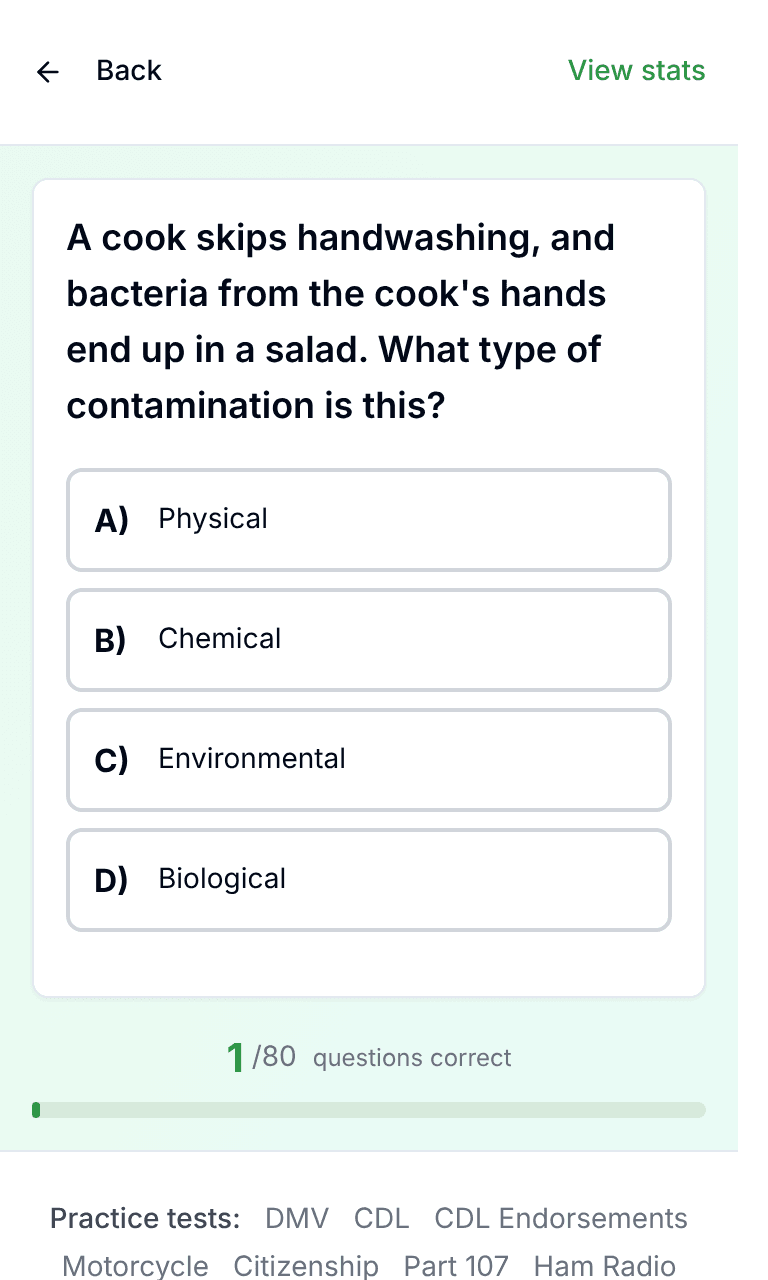 TigerTest Food Handler practice test training mode on mobile