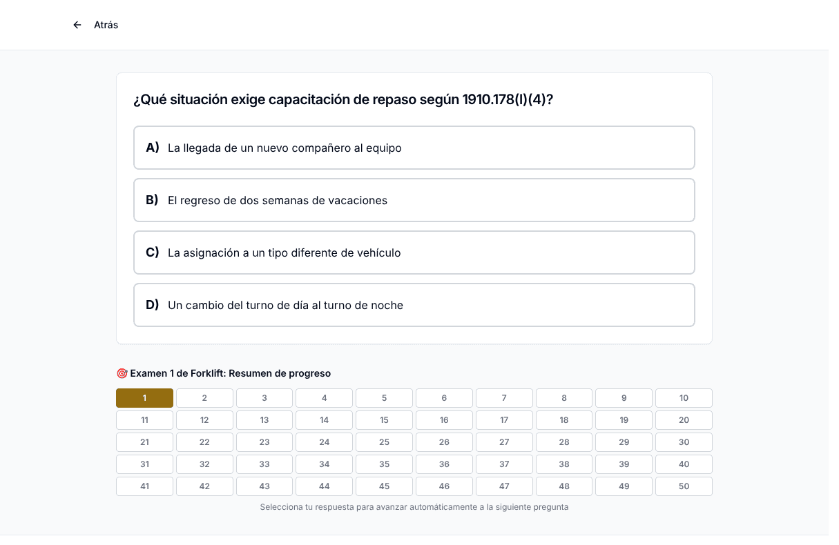 Examen de práctica Forklift de TigerTest en la computadora