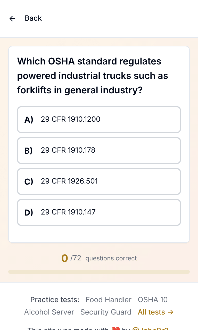 TigerTest Forklift practice test training mode on mobile