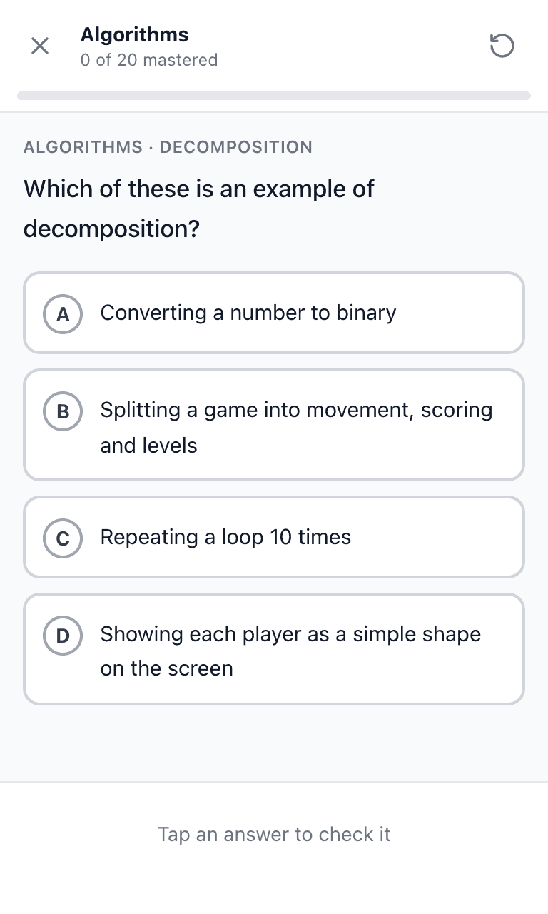 Tigertest GCSE Computer Science practice test training mode on mobile