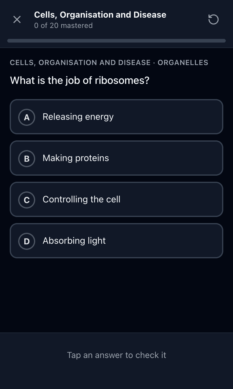 Tigertest GCSE Science practice test training mode on mobile