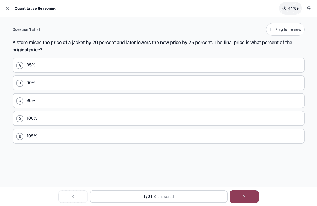 Tigertest GMAT practice test on desktop