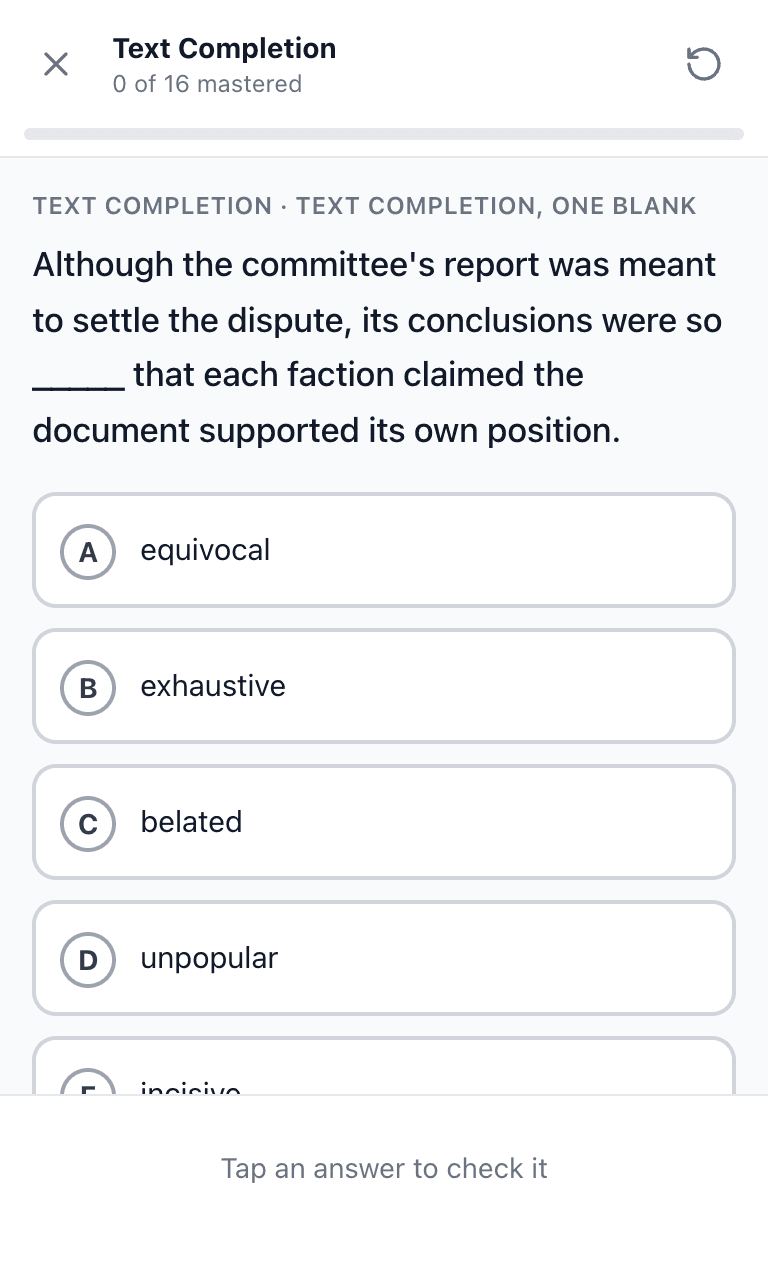 Tigertest GRE practice test training mode on mobile