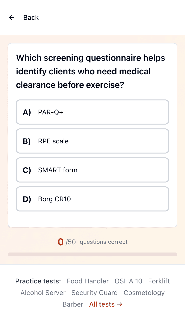 Tigertest NASM CPT practice test training mode on mobile