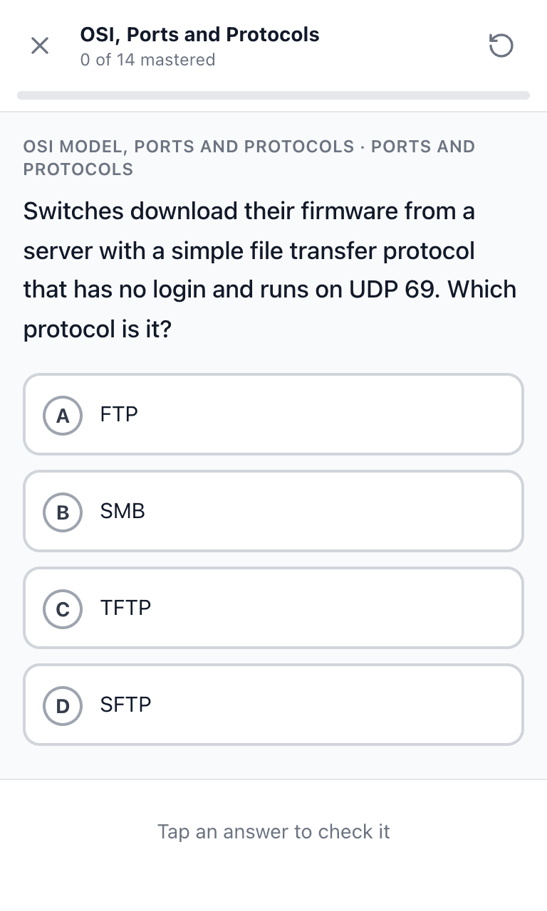 Tigertest Network+ practice test training mode on mobile