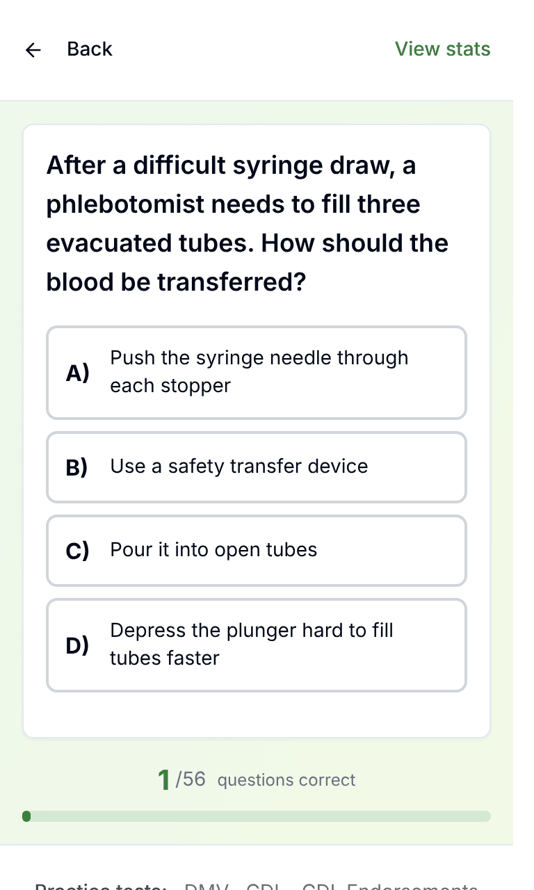 TigerTest Phlebotomy practice test training mode on mobile