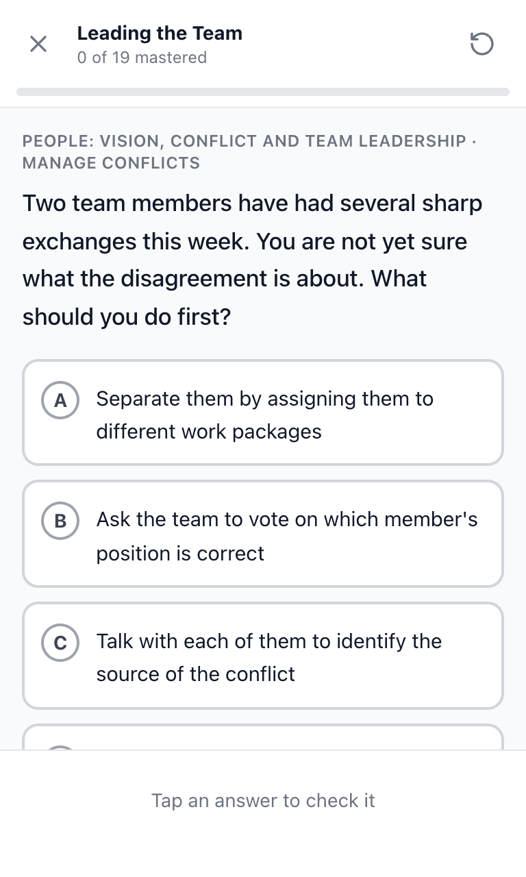Tigertest PMP practice test training mode on mobile