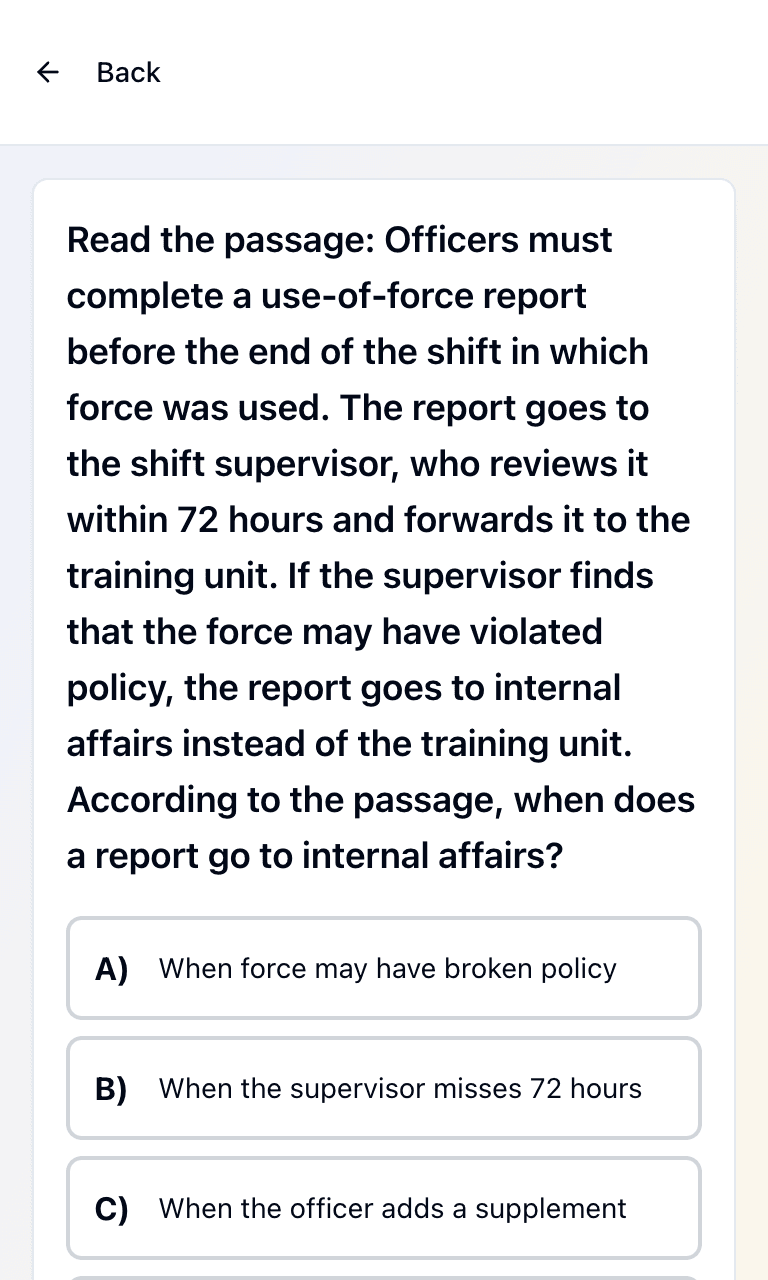Tigertest Police Exam practice test training mode on mobile