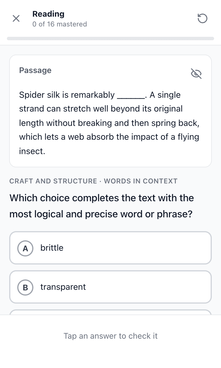 Tigertest PSAT practice test training mode on mobile