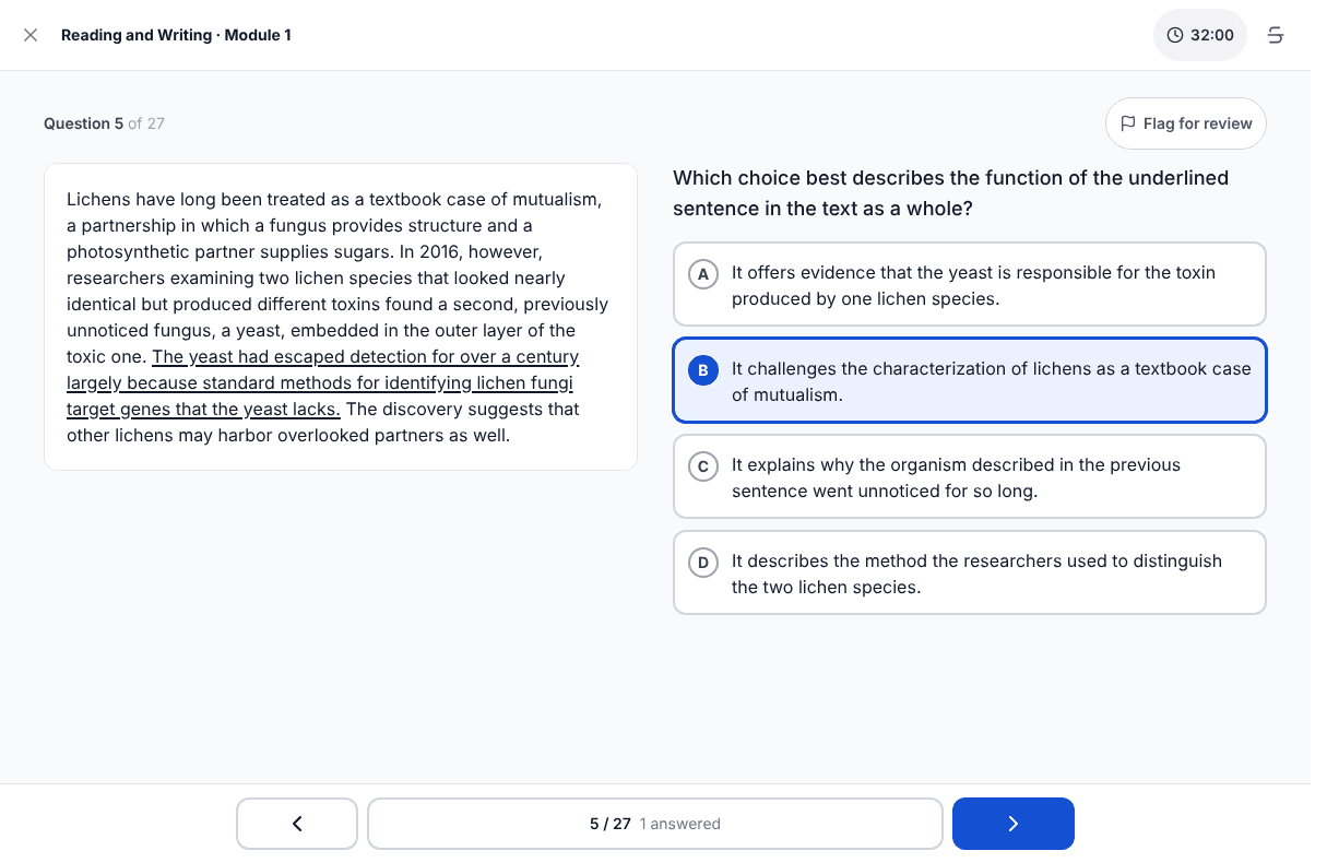 TigerTest SAT practice test on desktop