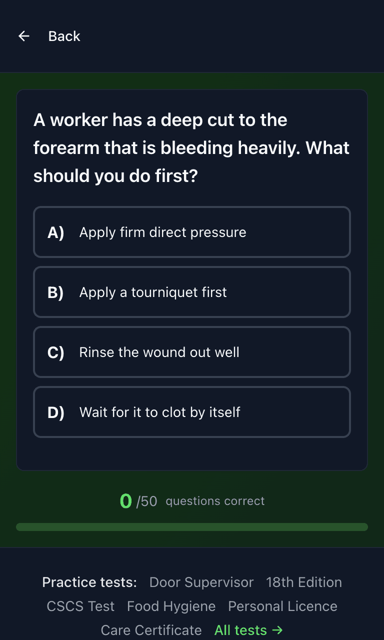 Tigertest First Aid at Work practice test training mode on mobile