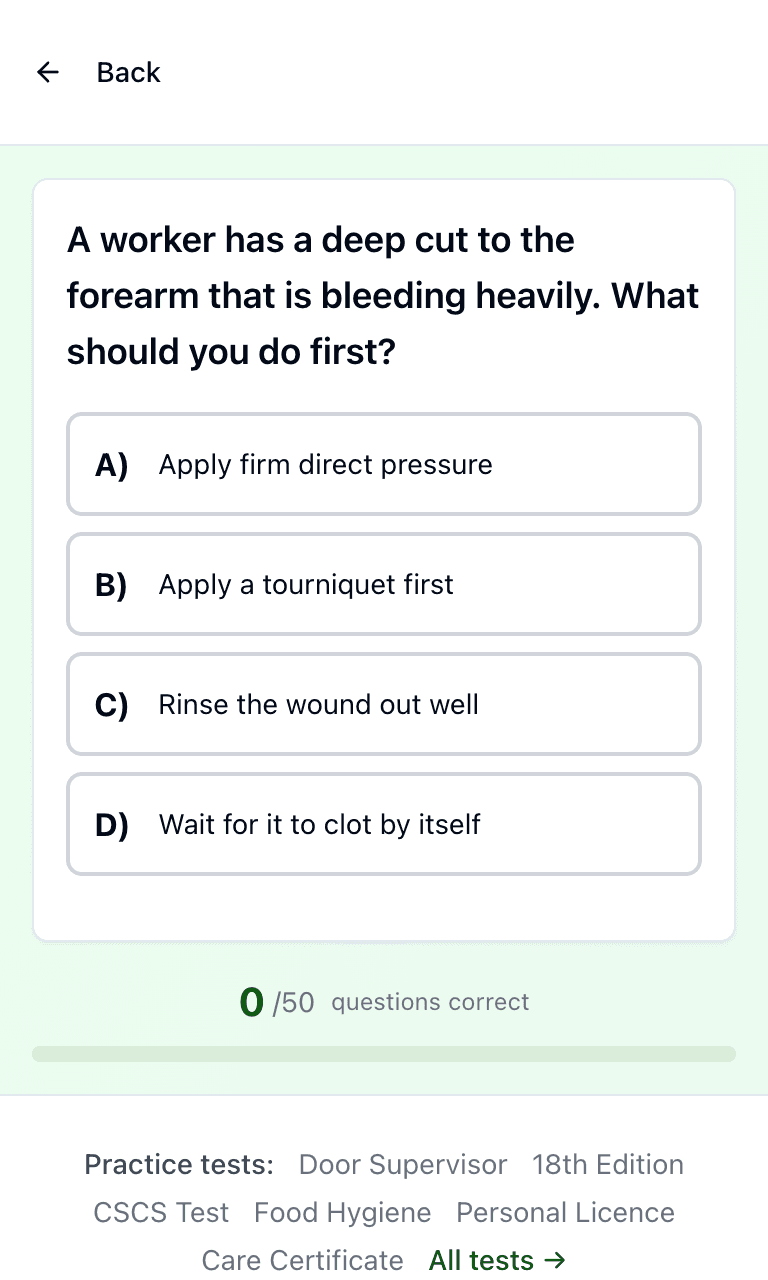 Tigertest First Aid at Work practice test training mode on mobile