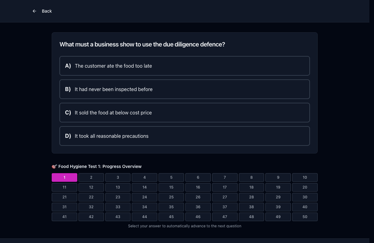 Tigertest Food Hygiene practice test on desktop