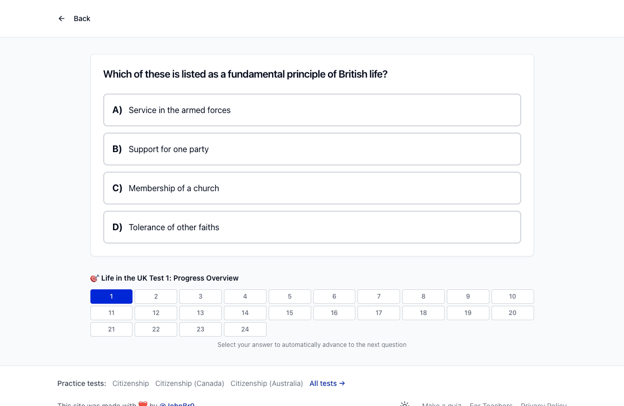 Tigertest Life in the UK practice test on desktop