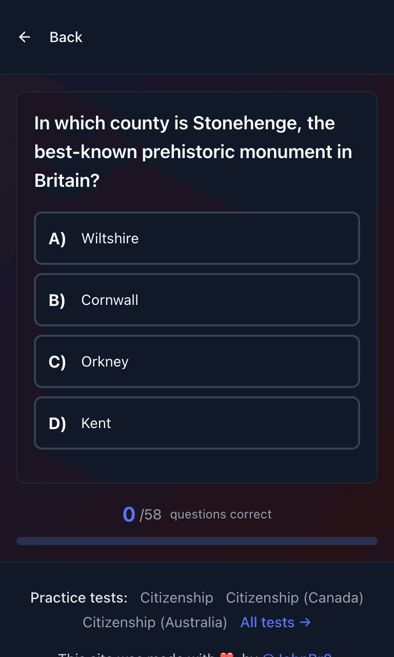 Tigertest Life in the UK practice test training mode on mobile