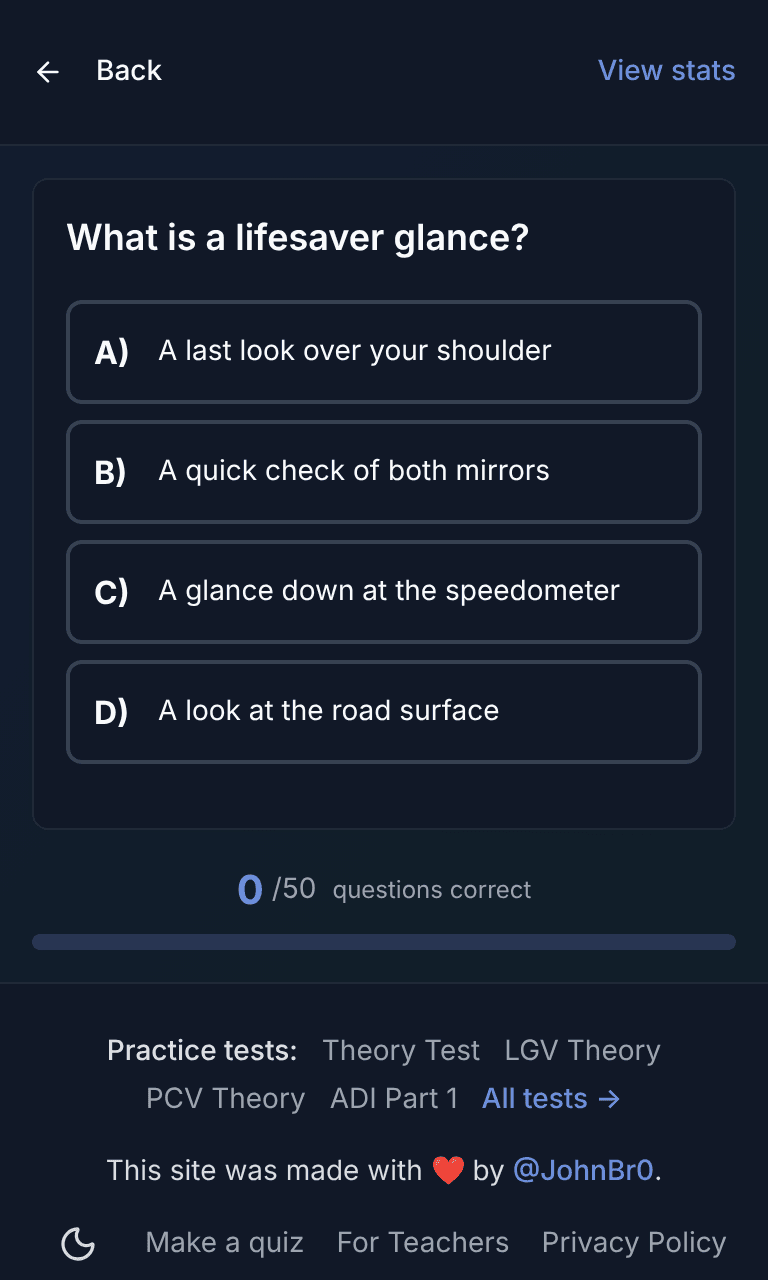 Tigertest UK Moto practice test training mode on mobile